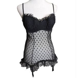 Victoria's Secret Black Sheer Swiss Dot Lace Lingerie Teddy Garter Clips 38C M